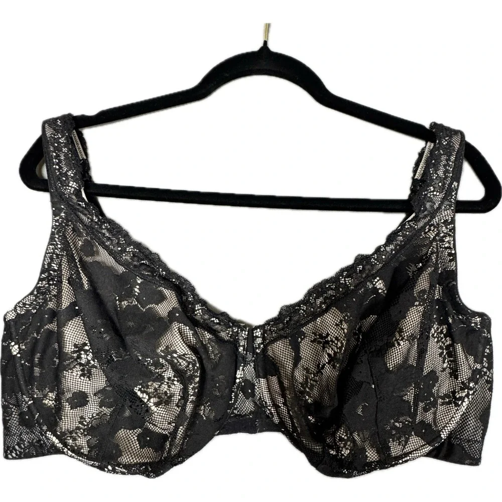Cacique Bra Women 44F Black Lace Underwire Adjustable Straps Full Coverage